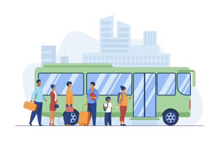 Passengers waiting for bus in city. Queue, town, road flat vector illustration. Public transport and urban lifestyle concept for banner, website design or landing web page