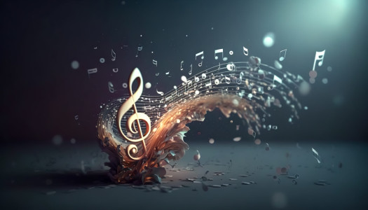 Volumetric musical background with a treble clef and notes, the concept of musical creativity.