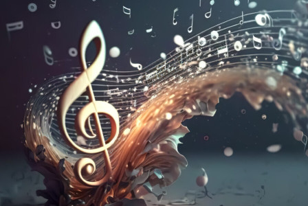 Volumetric musical background with a treble clef and notes, the concept of musical creativity.